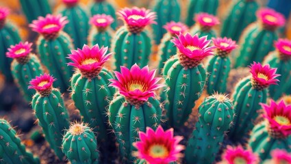 Cluster of green cacti with vibrant pink flowers blooming on top.