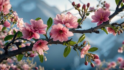 Fototapeta premium Pink blossoms on a tree branch with mountains in the background.