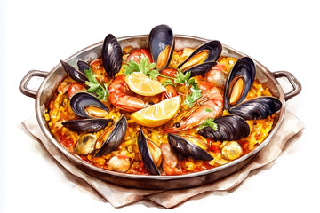 Fototapeta premium A hand-painted watercolor illustration of a traditional Spanish seafood paella in a metal pan. Perfect for culinary design, recipe books, food posters
