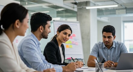 Diverse Business Team Collaborating on Project in Modern Office Setting
