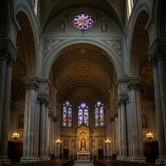 Fototapeta premium Grand Church Interior with Stained Glass