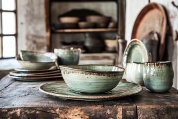Handmade ceramic dishes on a wooden  table.