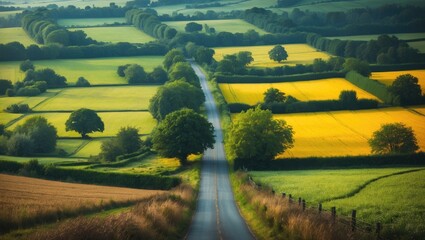 Obraz premium Lush farmland with fields, trees, and a winding road in the countryside. A scenic rural landscape with vibrant green and yellow patches.