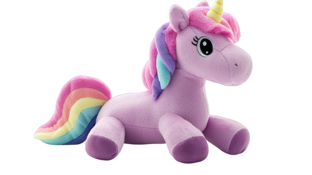 Plush unicorn toy with colorful rainbow mane and tail, large expressive eyes, and soft, cuddly body, perfect for children - Powered by Adobe