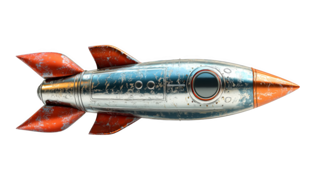 Vintage rocket toy with weathered metallic body and orange fins, designed to resemble space rocket, isolated transparency