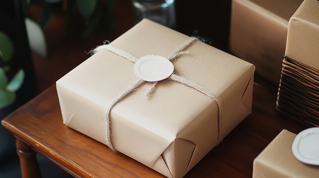 Artisan Craft Gift Wrapping with Rustic Twine and Beige Paper on Wood Table