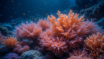 Obraz premium Title: Vibrant Coral Reef with Branching Pink and Orange Corals in Deep Blue Ocean