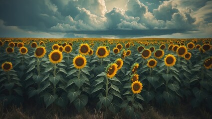 Obraz premium Sunflower field under a dramatic sky with clouds, vibrant yellow flowers, and green leaves.