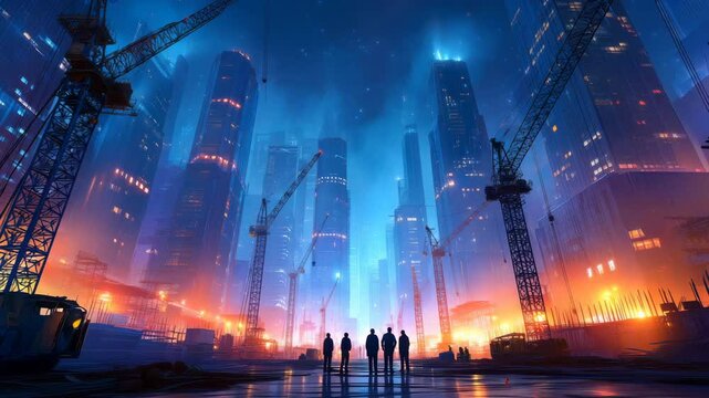 Silhouettes of Engineers at High-Tech Construction Site