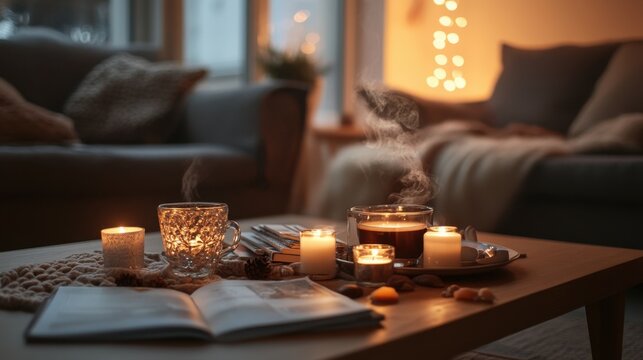 A coffee table in a cozy lounge area, with magazines, candles, and a steaming coffee cup