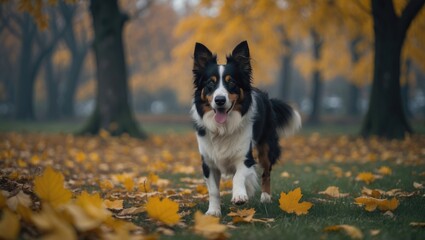 Obraz premium A friendly dog standing in autumn park with fallen leaves and trees.