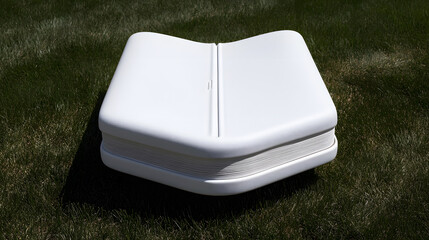 Minimalist white hardcover book lying on green grass, symbolizing outdoor learning, relaxation, and nature-inspired reading in a peaceful and clean setting.
