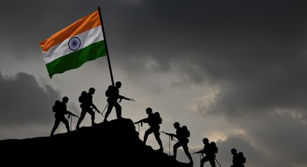 Silhouetted Soldiers Raising the Indian Flag on Mountain Peak Understormy Sky