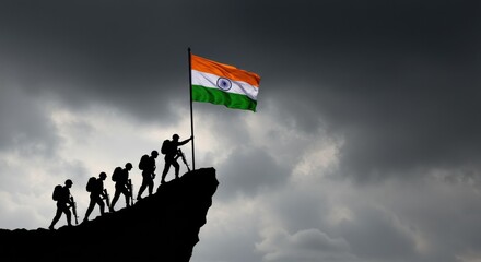 Indian Soldiers Climbing a Mountain Toward Flagpole with Indian Flag under Dramatic Sky