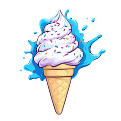 Delicious illustrated soft serve ice cream cone with sprinkles and a colorful splash design