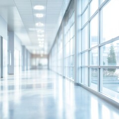 Fototapeta premium Bright Modern Office Corridor,Clean Minimalist Interior Design with Large Windows