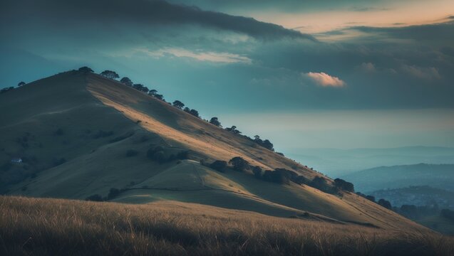 Gentle rolling hills with tree-lined ridges under a sky with scattered clouds and soft sunlight, creating a serene landscape.