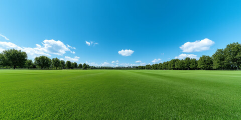 Expansive green field of lush grass with trees and clear blue sky