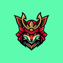 Obraz premium Stylized esports logo featuring a fox character in samurai armor on a vibrant green background