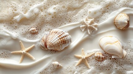 Luxury coastal decor layout with creamy textures, conch shells, and starfish, perfect for spa or resort themes 