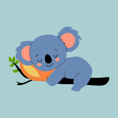 Sweet Cartoon Koala Sleeping on a Branch with a Pillow