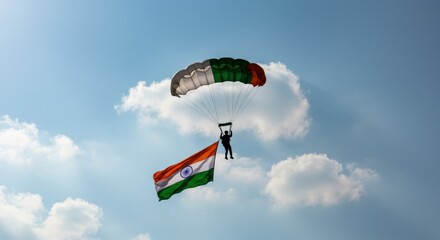 Aerial Indian Flag Displayed by Parachutist Against Bright Sky