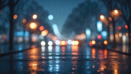 Obraz premium Blurry perspective of a street illuminated at night during winter rain. Background of bokeh lights. Artistic abstraction.