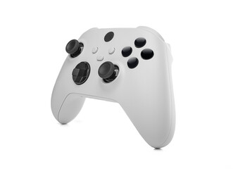 White gaming controller with a symmetrical design, featuring black analog sticks, directional pad,...