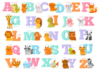 Obraz premium Vector cartoon set with animals. Alphabet for learning letters. Alligator, elephant, cat, dog, fox, panda, giraffe, owl, koala, hedgehog, jellyfish, whale, etc. Design element for children's books,