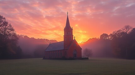Obraz premium Crimson Church Silhouette at Dawn amidst the Ethereal Mist Scenery