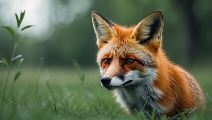 Fototapeta premium Close-up of a fox in a natural green environment with grass and trees.