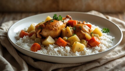 Chicken stew made at home with tomatoes, onions, carrots, and potatoes on a plate with rice