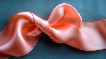 Delicate peach ribbon intertwined on serene teal backdrop, elegant fabric design