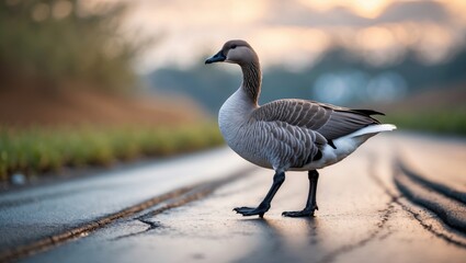 Fototapeta premium Lovely grey goose wandering on a road