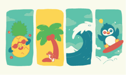 Obraz premium Playful Vector Illustrations Featuring Tropical Elements and Ocean Waves