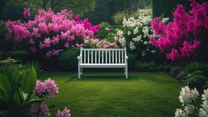 A garden landscape adorned with flowering azaleas and a bench