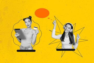 Fototapeta na wymiar Creative full artwork collage of two happy business partners girls wear headphones dance music hold credit card cashless income