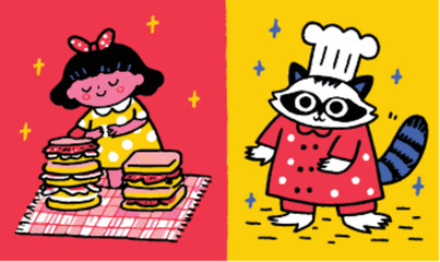 Naklejka premium Colorful Cartoon Chef Cat and Girl with Sandwich Stack Illustration