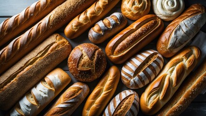 Wide panoramic image of bakery goods showcasing diverse bread types with a wheat top.