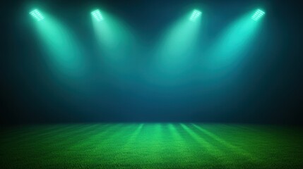 Illuminated green field at night, spotlights casting beams