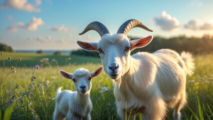 Obraz premium Meadow with a goat and a small goat.