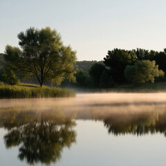 serene summer morning at tranquil lake in michigan surrounded by lush green trees and soft mist rising from water