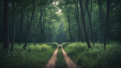 Obraz premium A forest path through lush green trees and foliage on a clear day