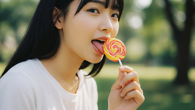 Young Asian woman in a white t-shirt, enjoying a colorful lollipop outdoors in a park. Simple pleasure, sweet treat, casual lifestyle, and enjoying a sunny day.