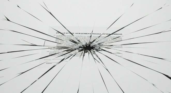 Shattered agreement document with chaotic cracks