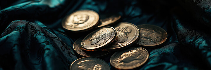 Antique gold coins resting on dark teal fabric in soft ambient lighting