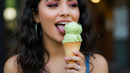 Young woman with dark hair and vibrant makeup, licking a green ice cream cone outdoors. Fun, stylish enjoyment, sweet summer treat, and indulging in ice cream.