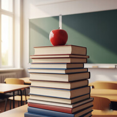 back to school concept. red apple on a stack of books. Stacking books with a red apple in the classroom in front of green board.