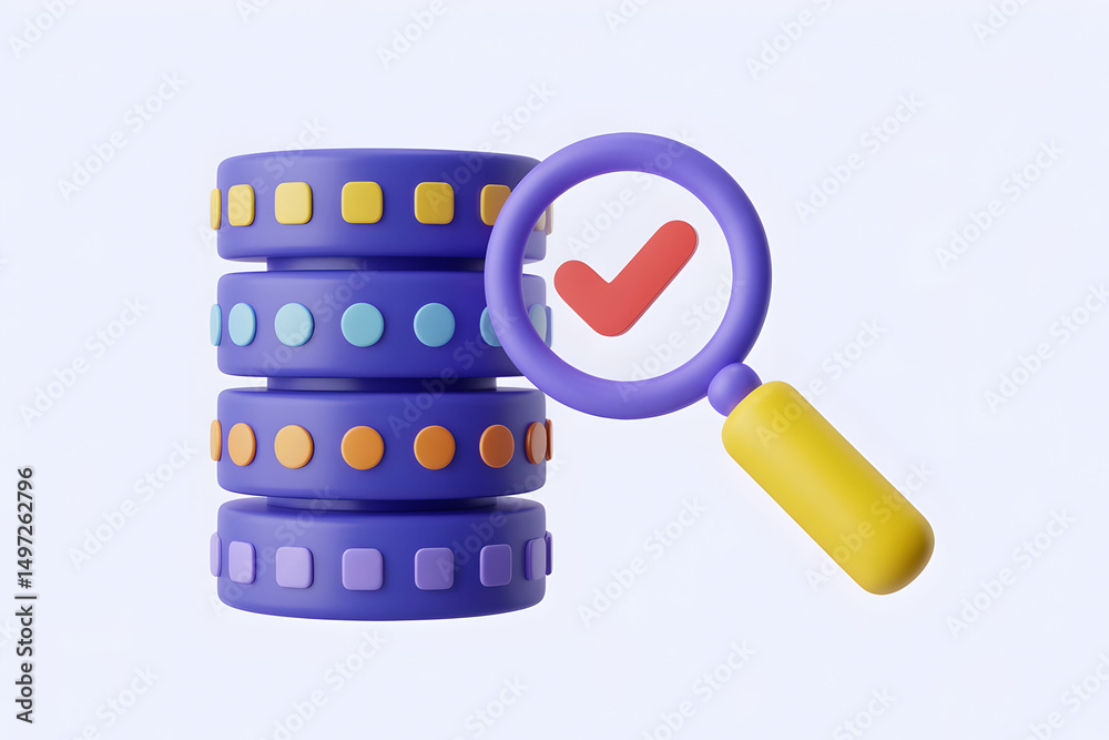 Poster 3d render of database security check with magnifying glass