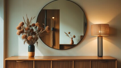 Sleek wooden console featuring a bouquet of dried flowers, candles, a rattan floor lamp, and interior accents. Modern minimalist design for living rooms. Luxury apartment interiors.